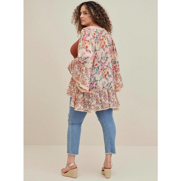 NWT Torrid Ruffle Kimono Lightweight Chiffon Floral Tan Plus Size: 00X (10) - Picture 2 of 5